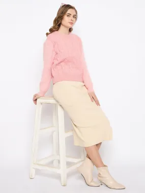 Madame Cable Knit Solid Peach Sweater Seasonal Wear Knitted Look