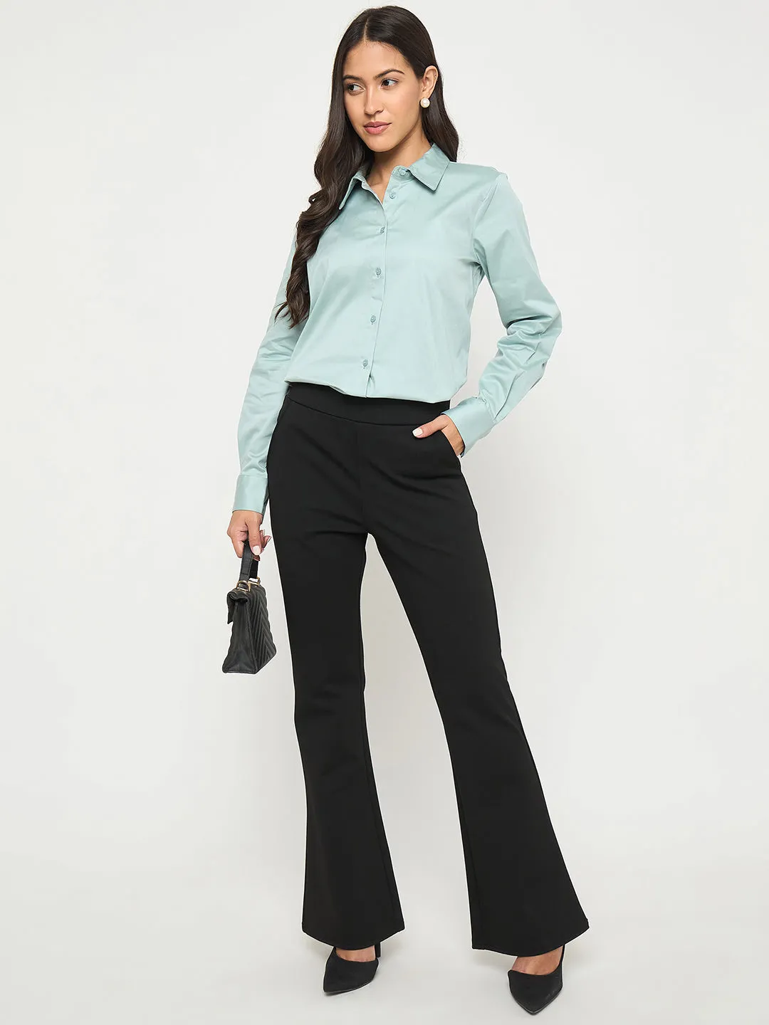 Madame Buttoned Front Solid Cotton Blend Green Shirt Picnic Outfit Tailored Fit