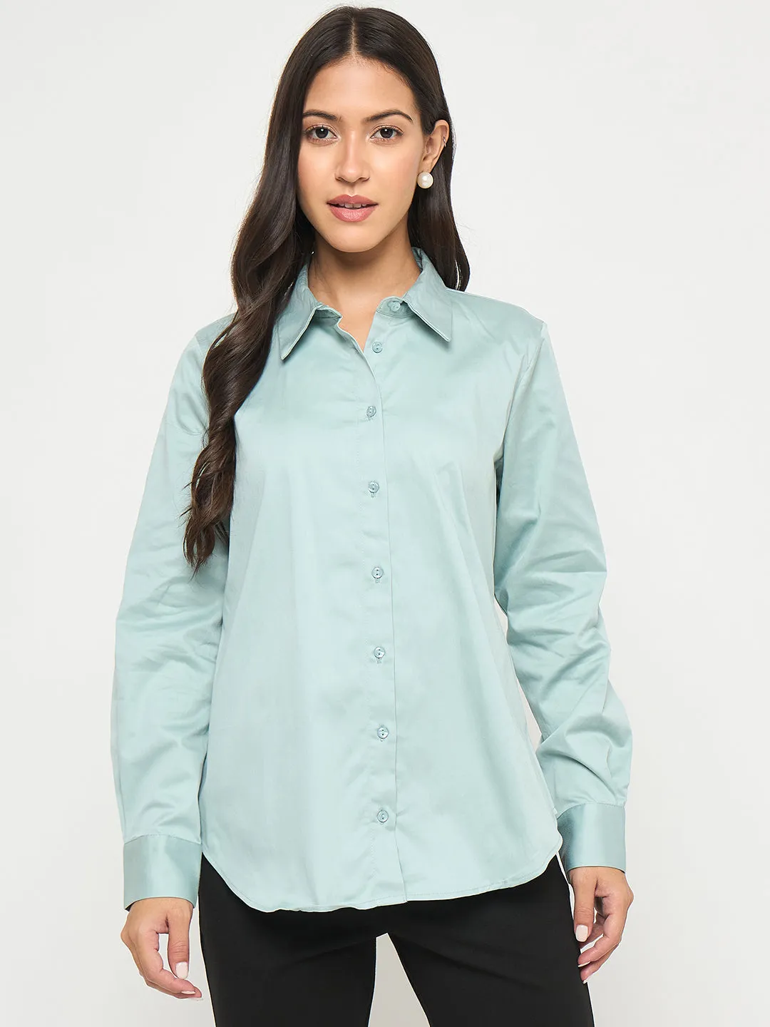 Madame Buttoned Front Solid Cotton Blend Green Shirt Effortless Style