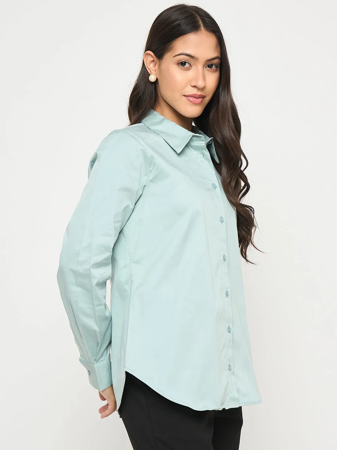 Smart Casual Madame Buttoned Front Solid Cotton Blend Green Shirt