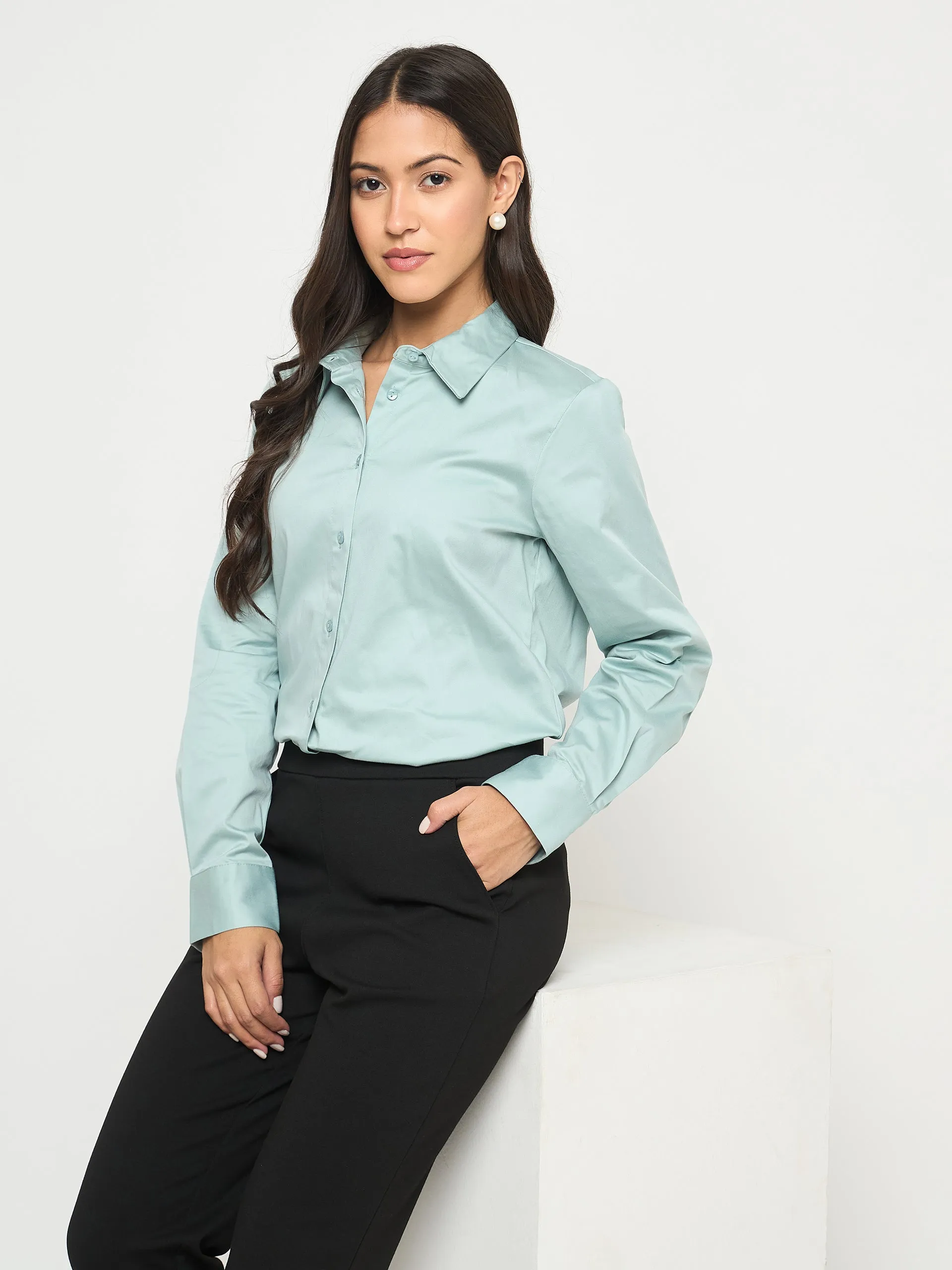 Smooth Zipper Design Madame Buttoned Front Solid Cotton Blend Green Shirt