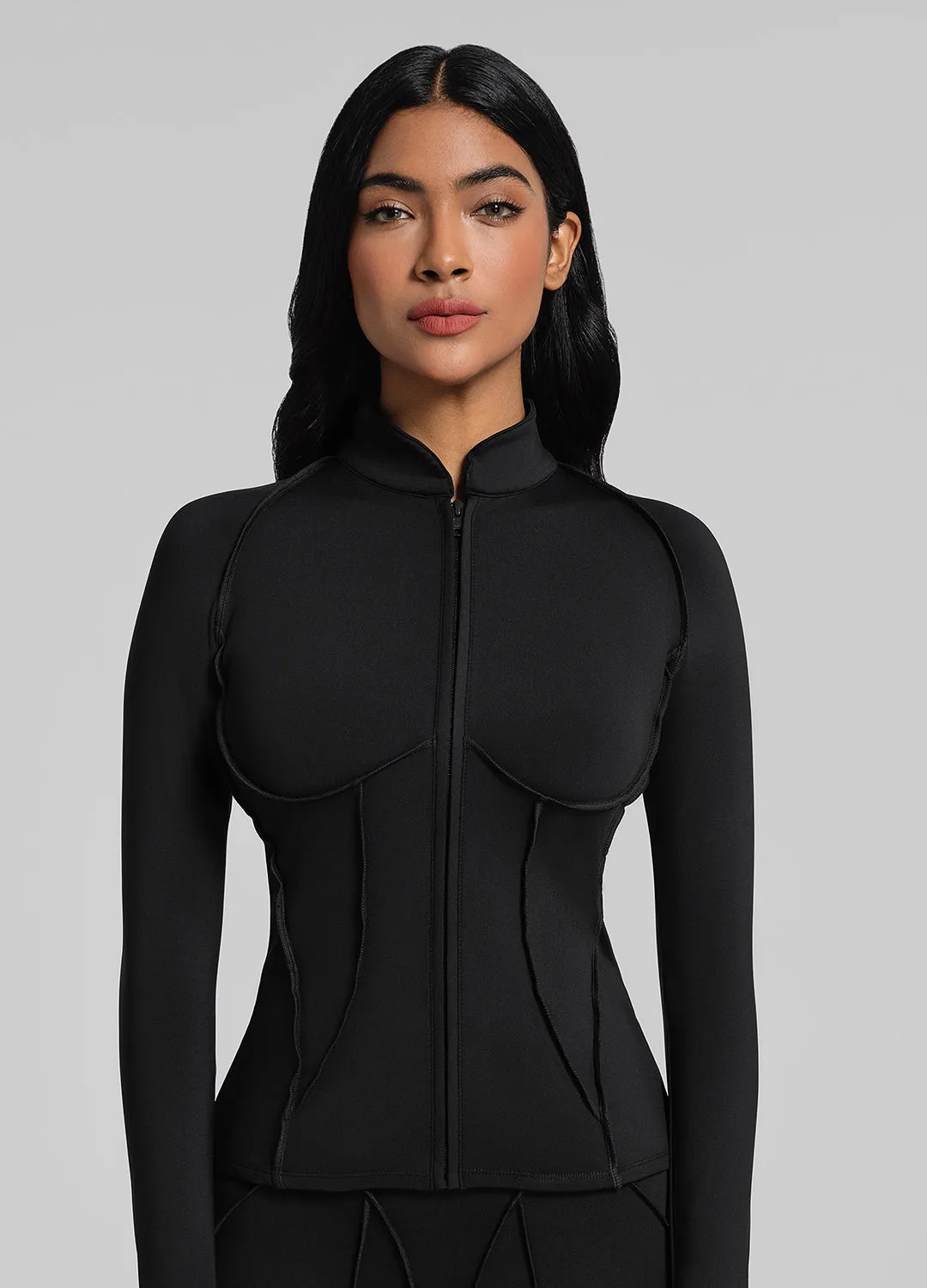 Flexible Shoulder Contour Zip-Up Long Sleeve Top