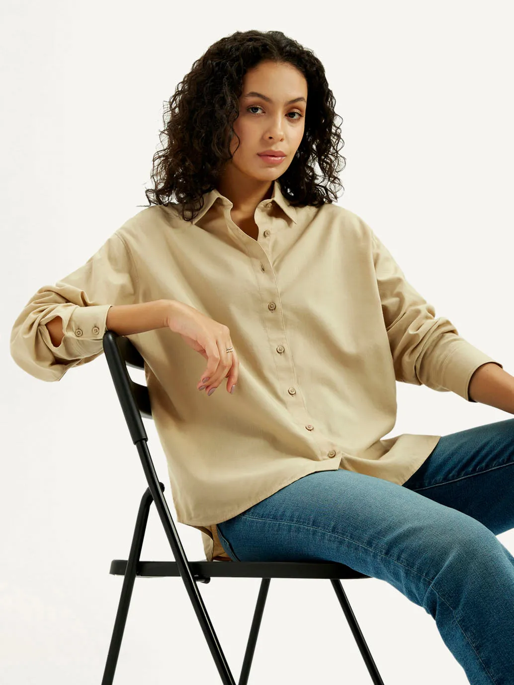 Women's Solid Beige Slim Fit Shirt Timeless Design