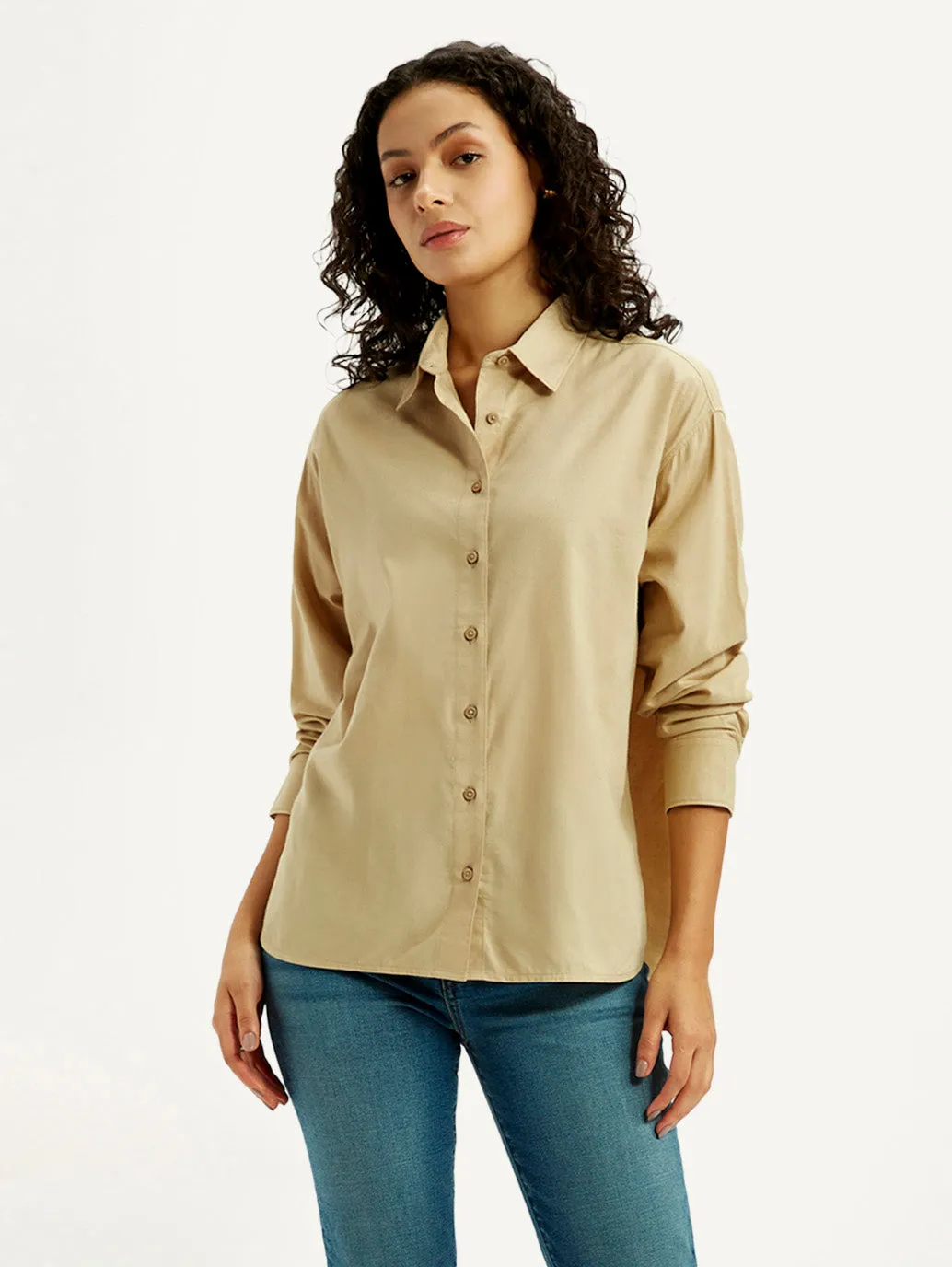 Active Layer Anti Cling Fabric Women's Solid Beige Slim Fit Shirt
