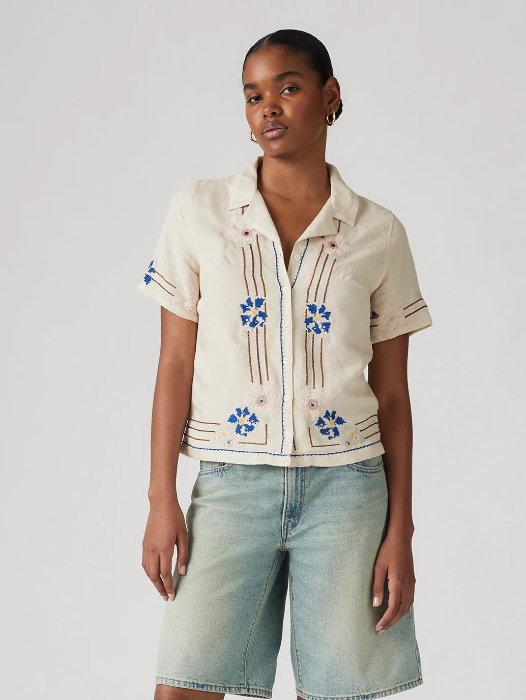 Women's Embroidered Camp Shirt Non Restrictive Fit Wardrobe Essential