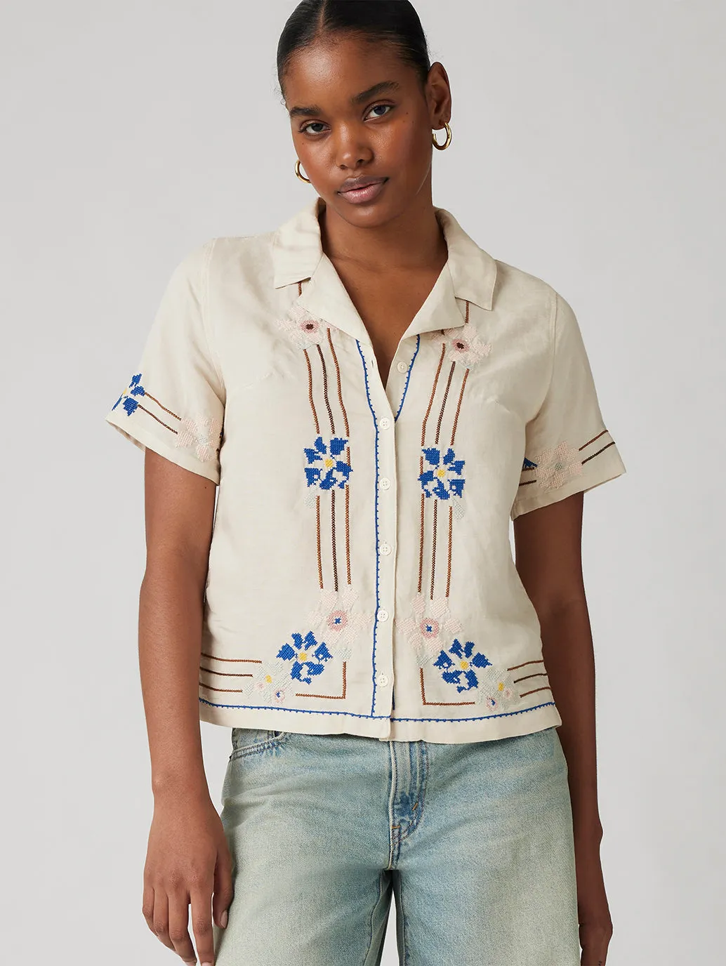 Women's Embroidered Camp Shirt Interview Ready Mature appeal