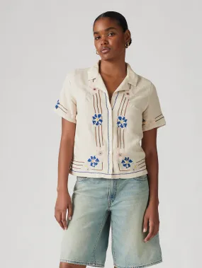 Women's Embroidered Camp Shirt Non Restrictive Fit Wardrobe Essential