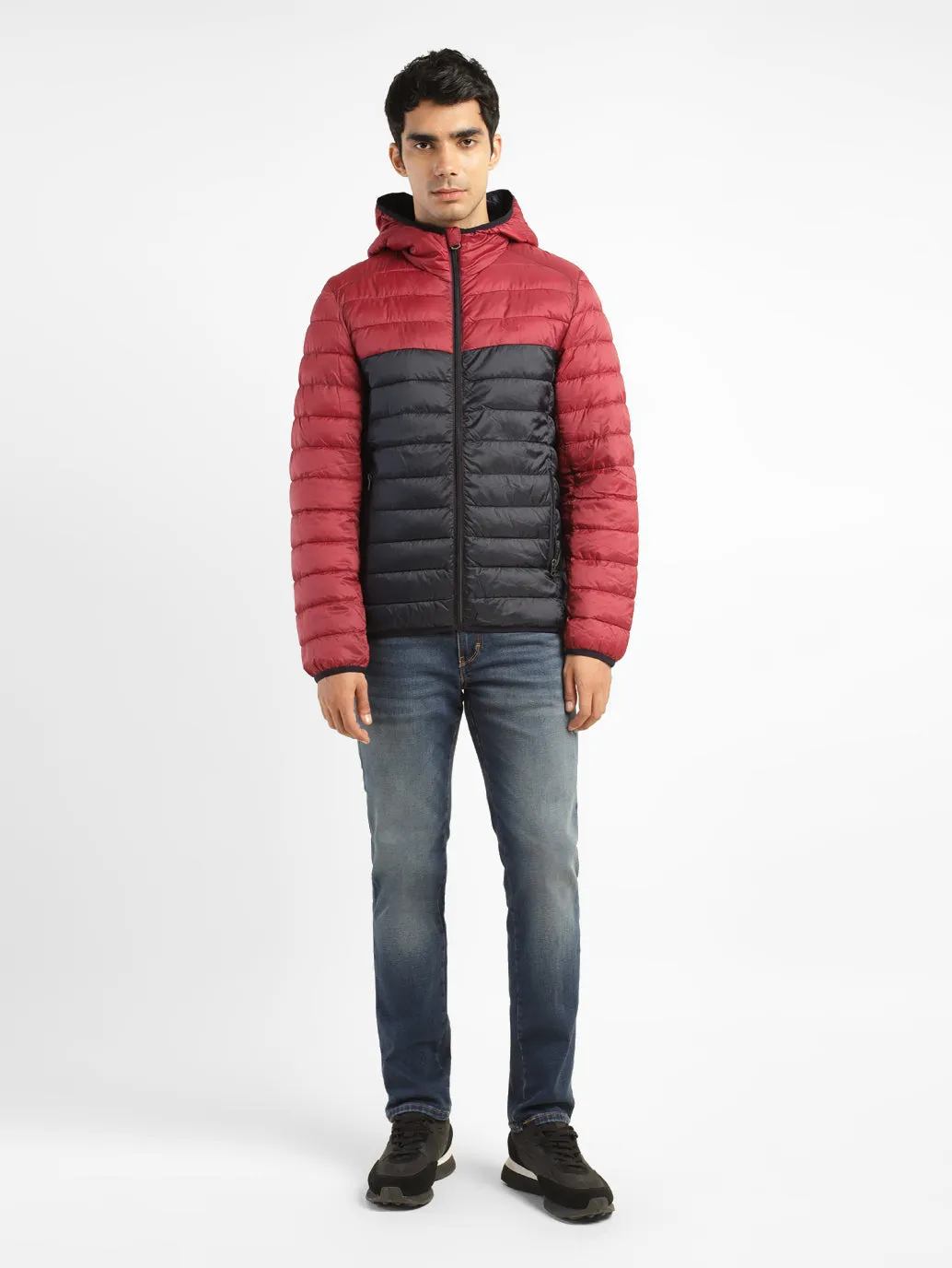 Foldable Design Cozy Street Style Men's Colorblock Red Quilted Jacket