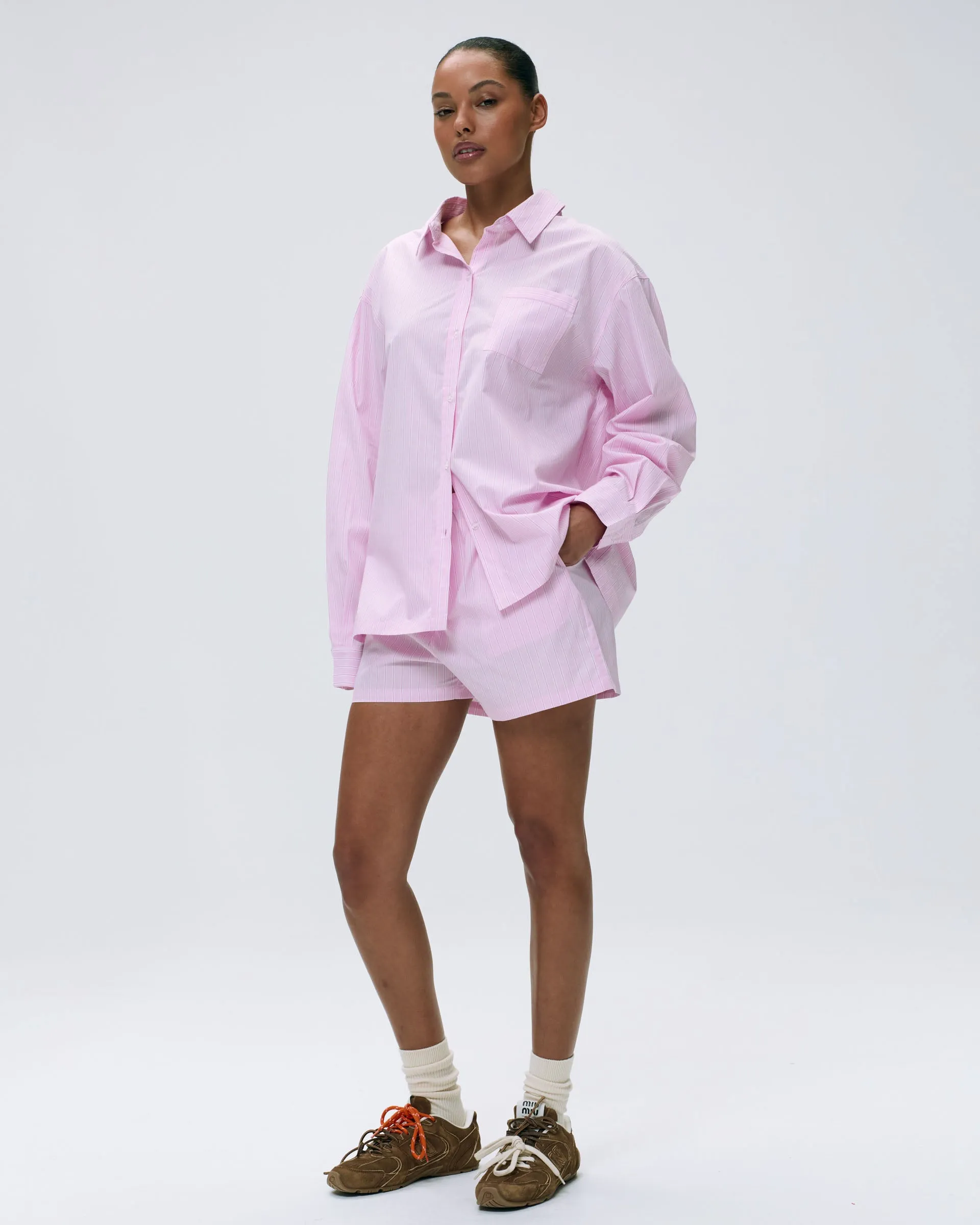 Cotton Stripe Boxer Shorts - Pink/White floral shorts