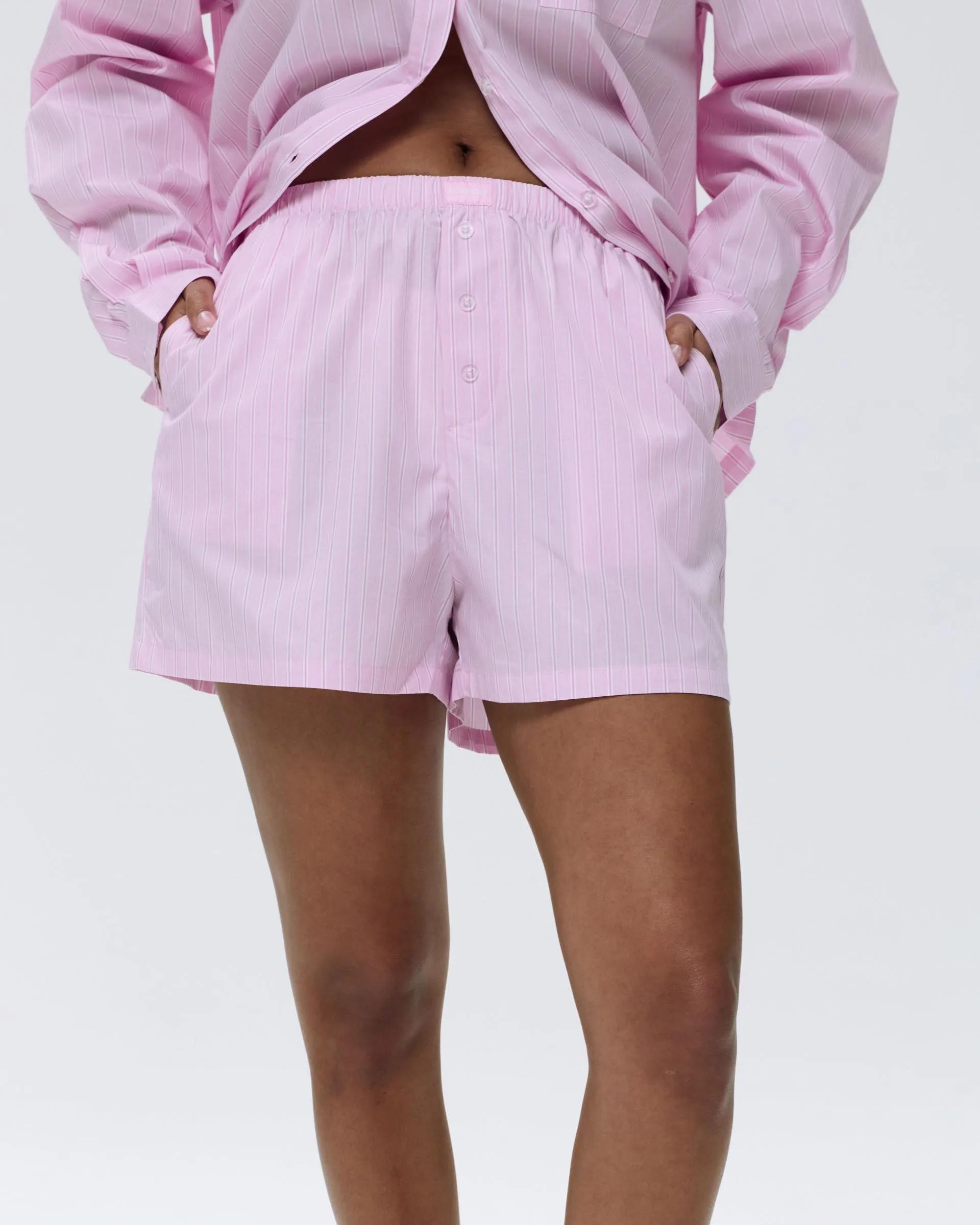 Cotton Stripe Boxer Shorts - Pink/White Reinforced Hemlines
