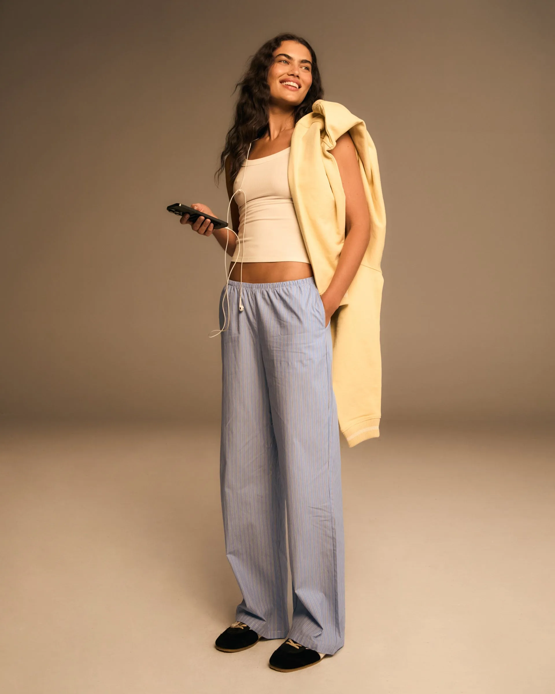 Breathable fabric Trendy Waist Cotton Stripe Pull On Pants - Blue/White