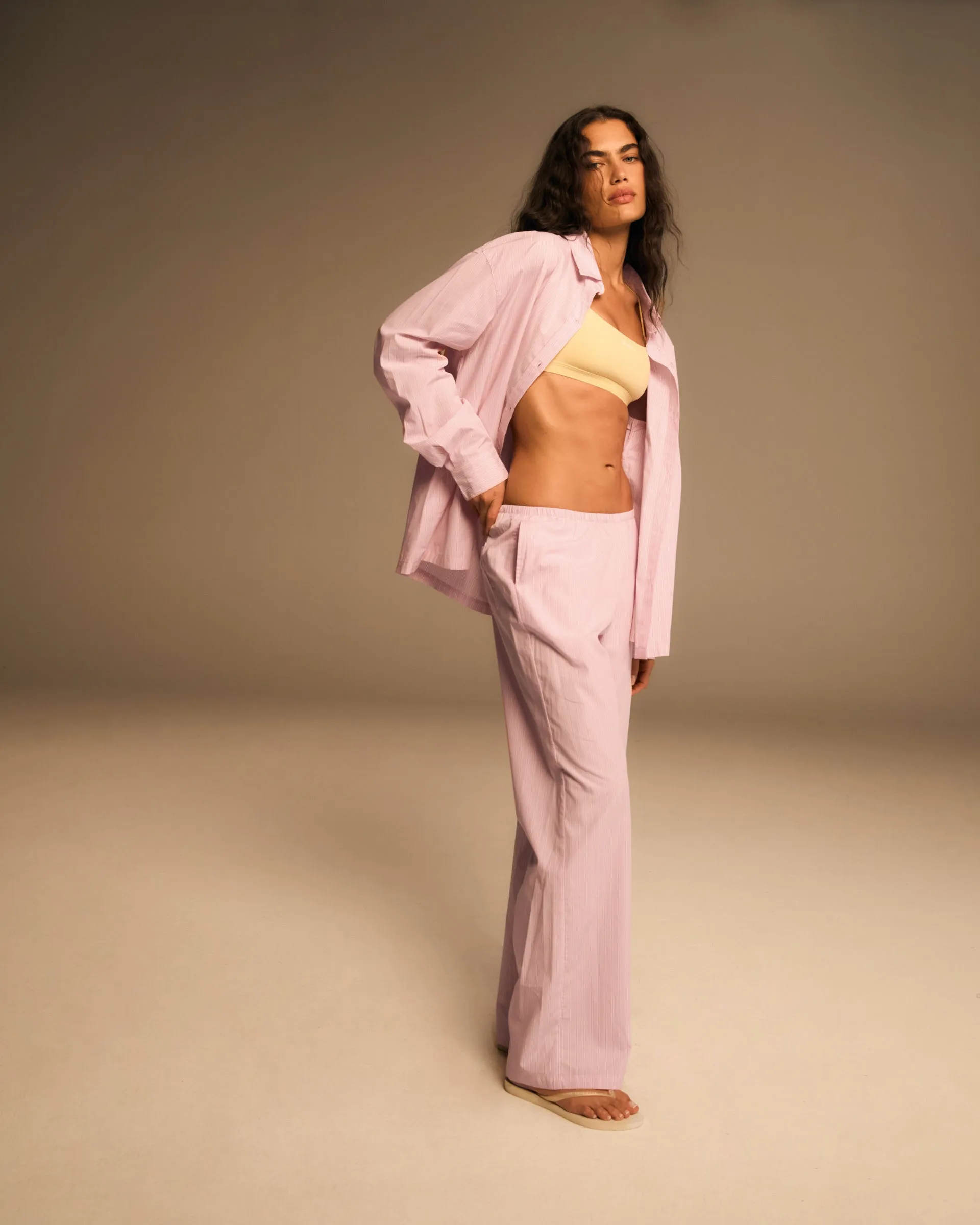 Sport Ready Curved Waistline Cotton Stripe Pull On Pants - Pink/White