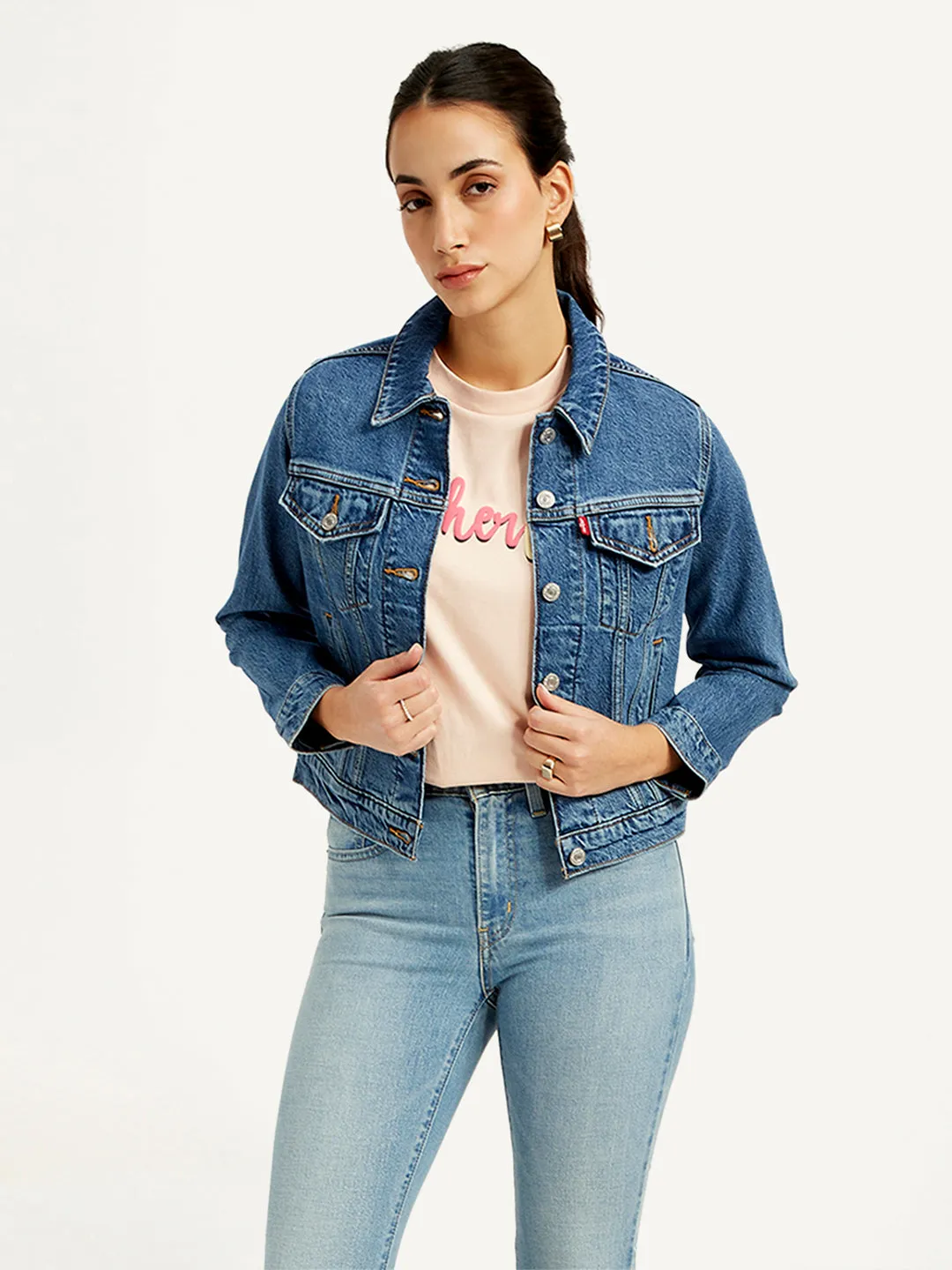 BreathableFabric Women's Solid Blue Spread Collar Denim Jacket