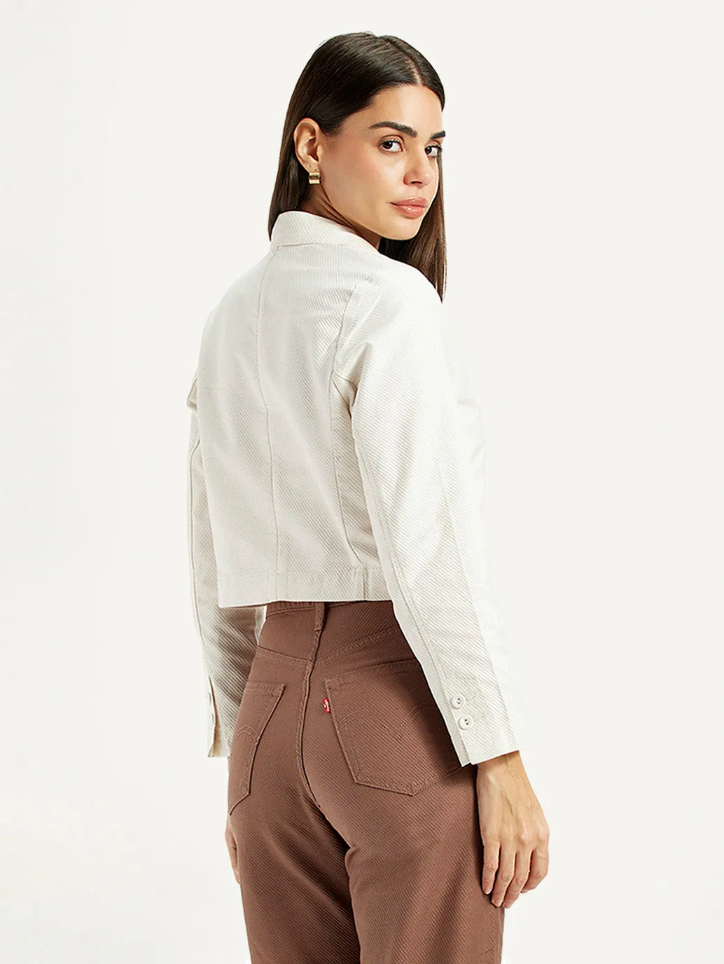 Women's Self Design Off-White Stylised Jacket FlexibleFit Water Based Coating