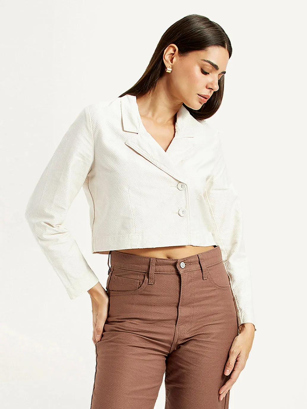 ReinforcedElbows Anti Pilling Women's Self Design Off-White Stylised Jacket