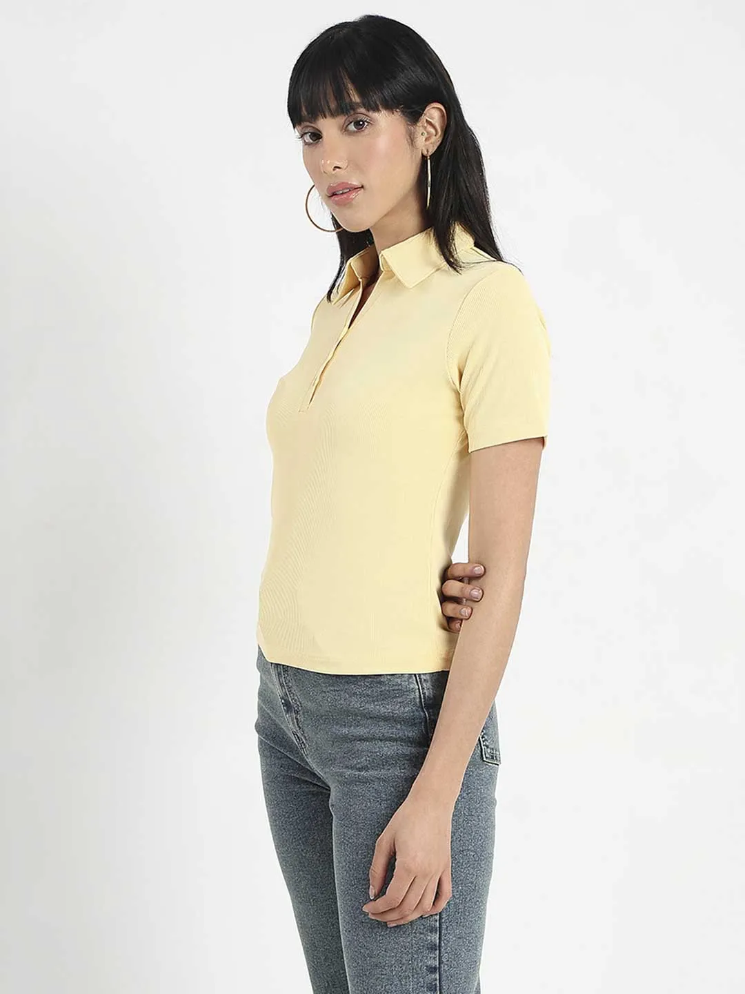 Madame Solid Yellow Polo Pique T-Shirt Moisture Management Technology
