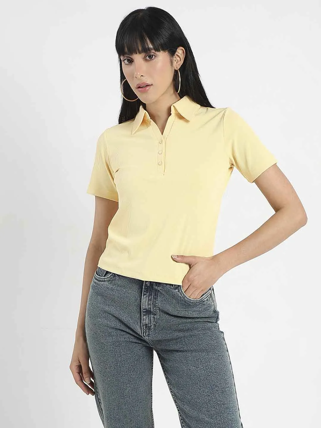 Casual Wearable Madame Solid Yellow Polo Pique T-Shirt