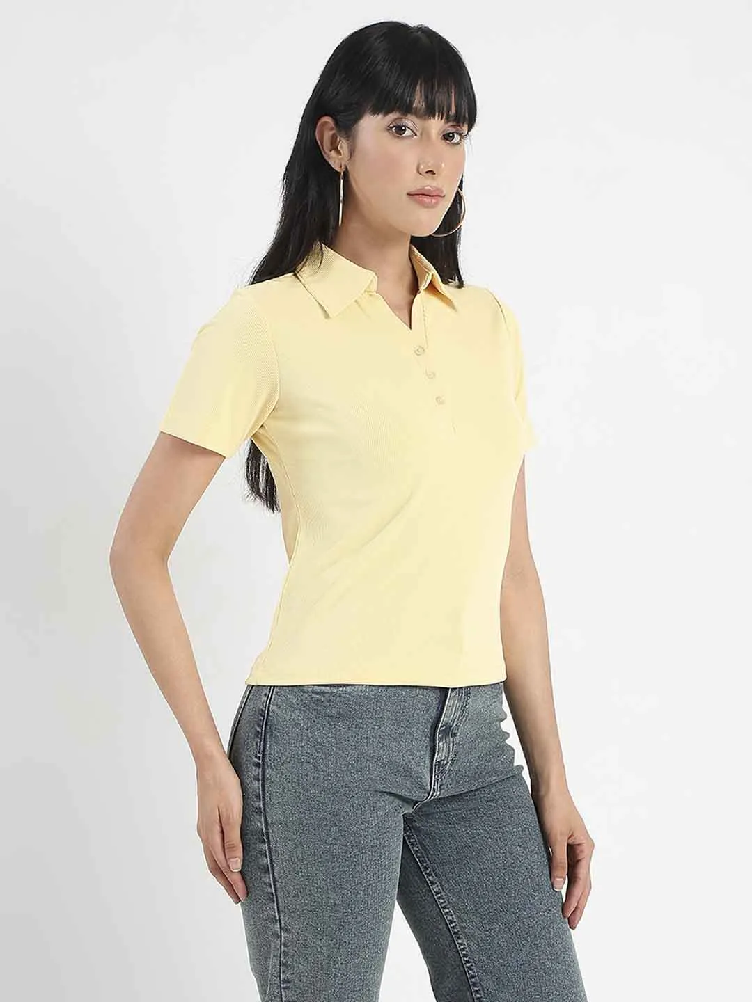 Madame Solid Yellow Polo Pique T-Shirt Casual Chic Wear