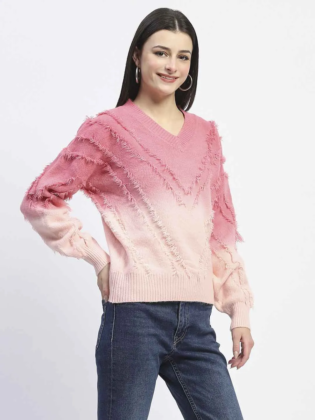 Madame Ombre Print Textured V Neck Pink Sweater Multipanel Construction