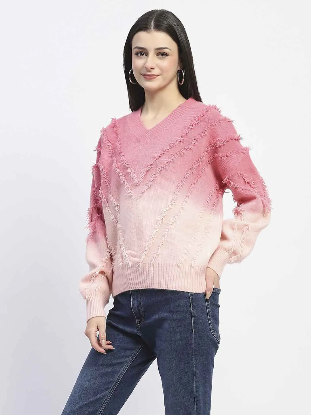 Quick Dry Performance Madame Ombre Print Textured V Neck Pink Sweater