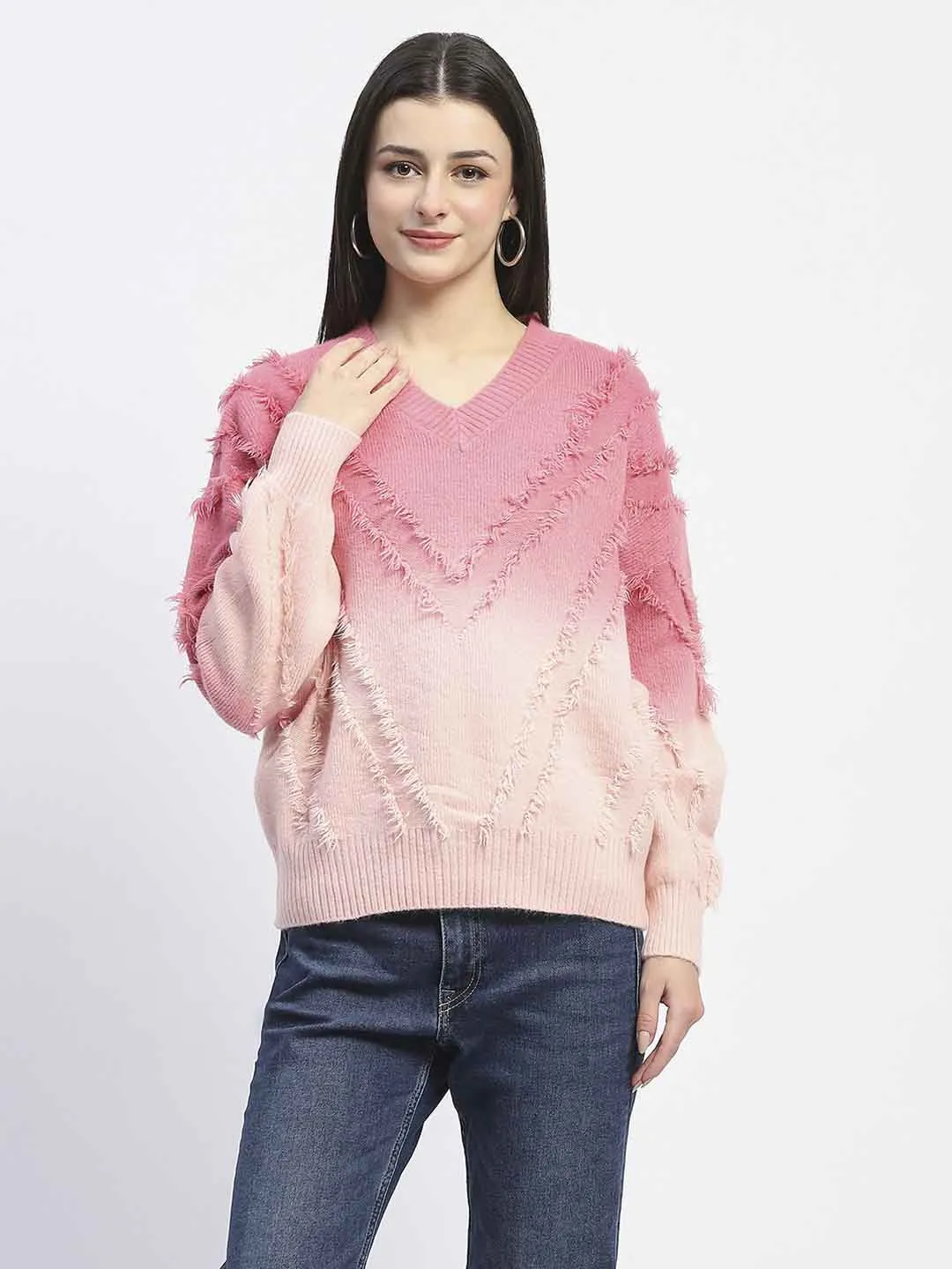 Madame Ombre Print Textured V Neck Pink Sweater Urban Comfort Warm Layers