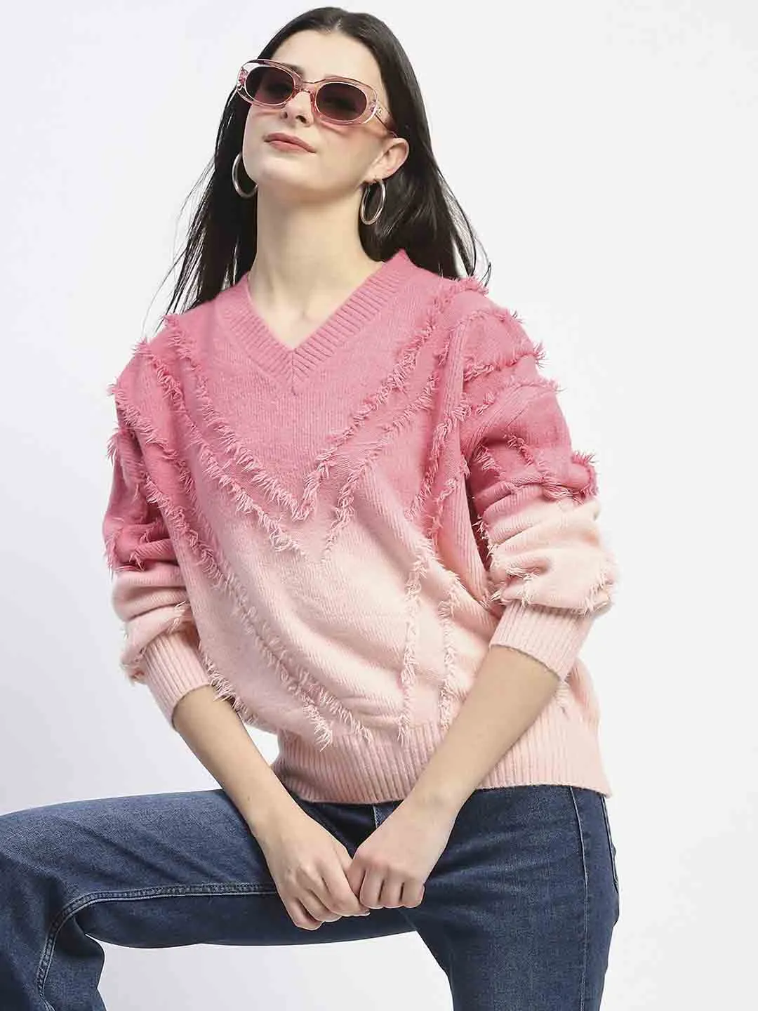 Comfy Knit Look Elastic cuffs Madame Ombre Print Textured V Neck Pink Sweater