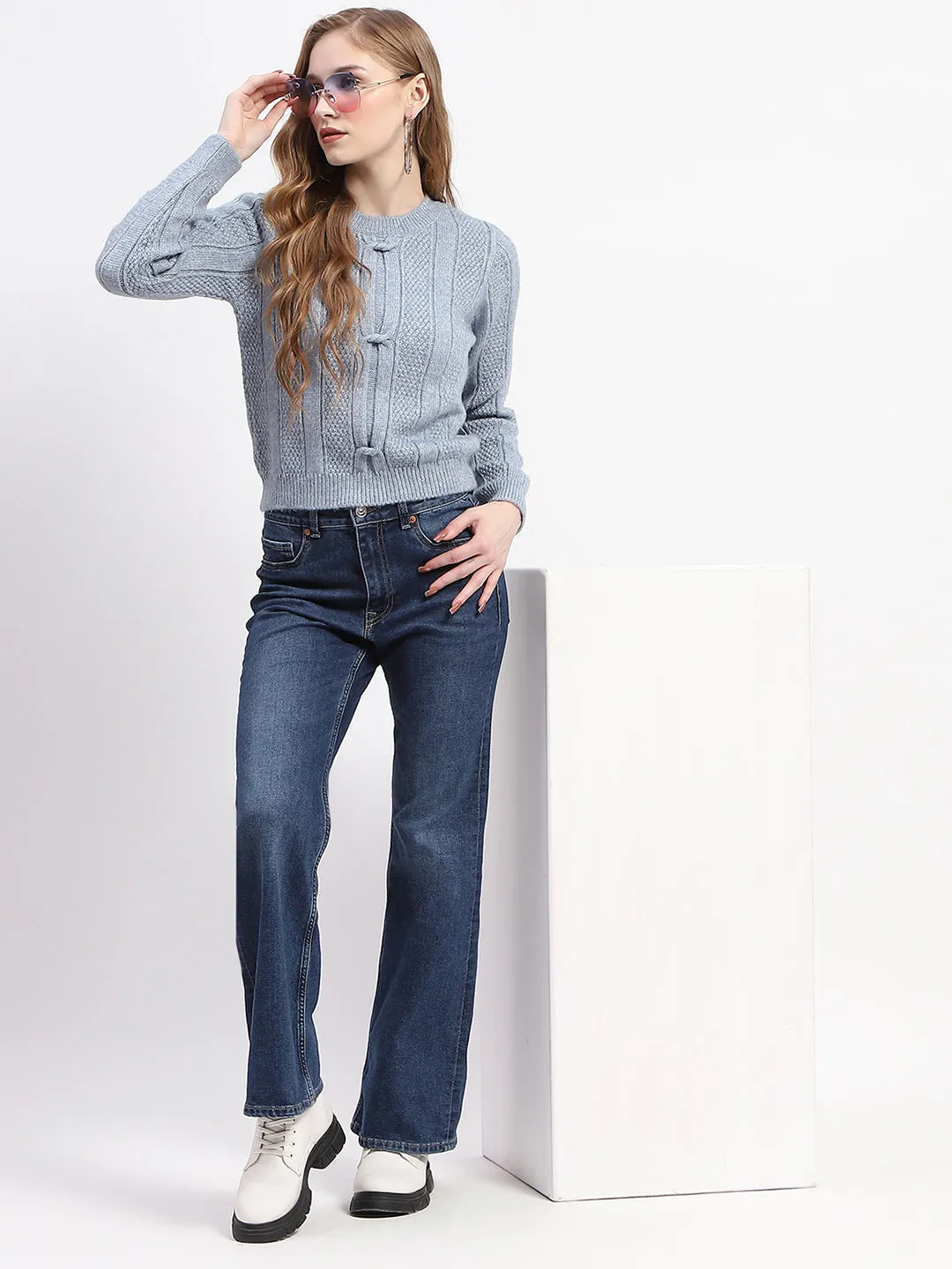 Madame Rib Neck Blue Knitted Sweater Perfectly Cozy