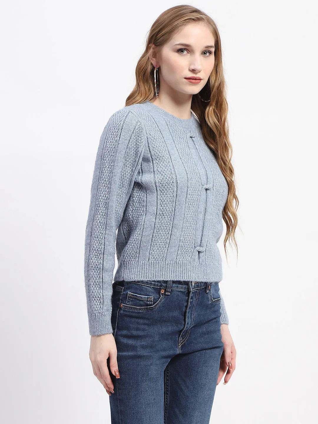 Madame Rib Neck Blue Knitted Sweater Snuggle Wear Perfect Design