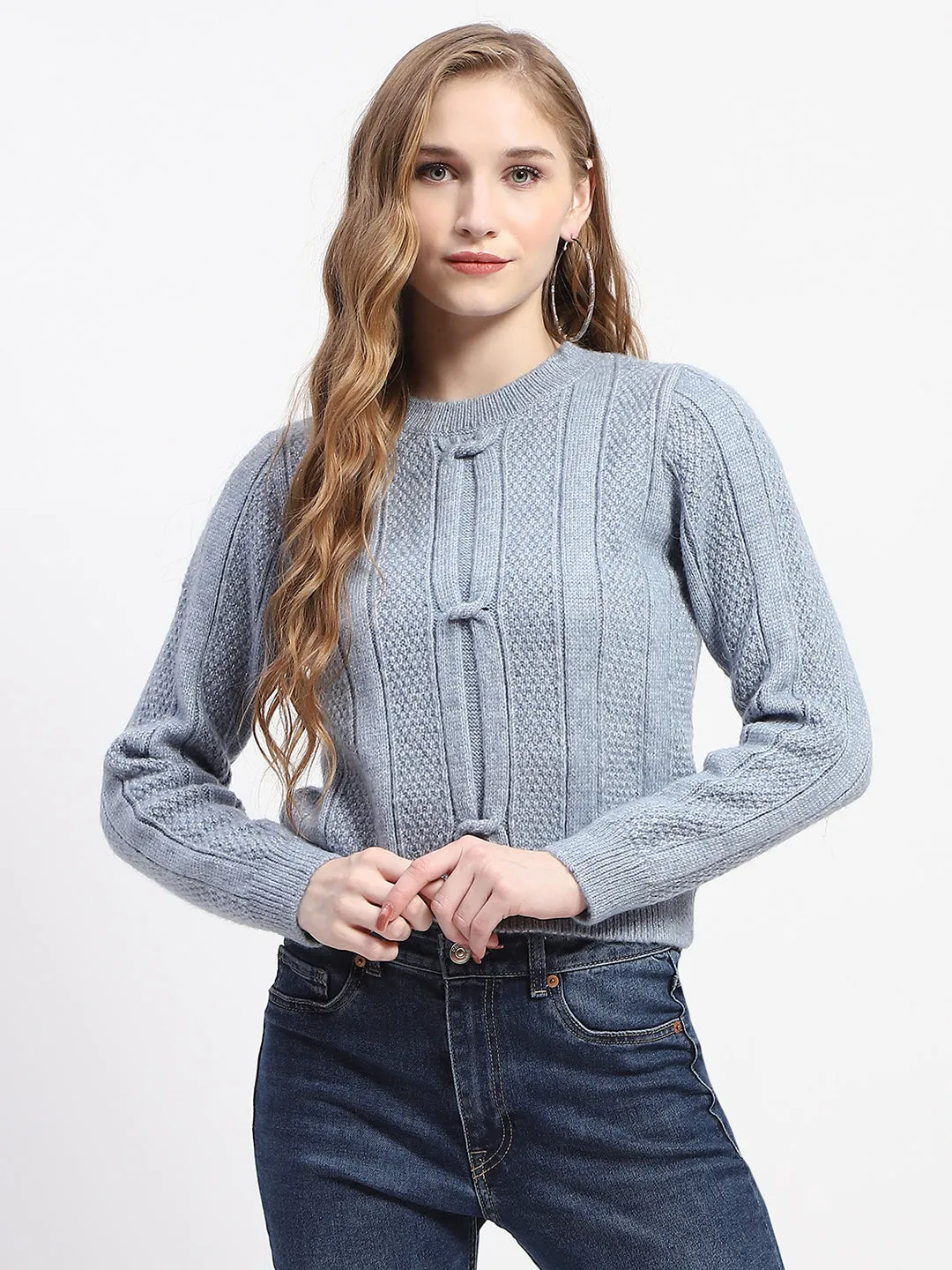 Performance Layer Wear Madame Rib Neck Blue Knitted Sweater