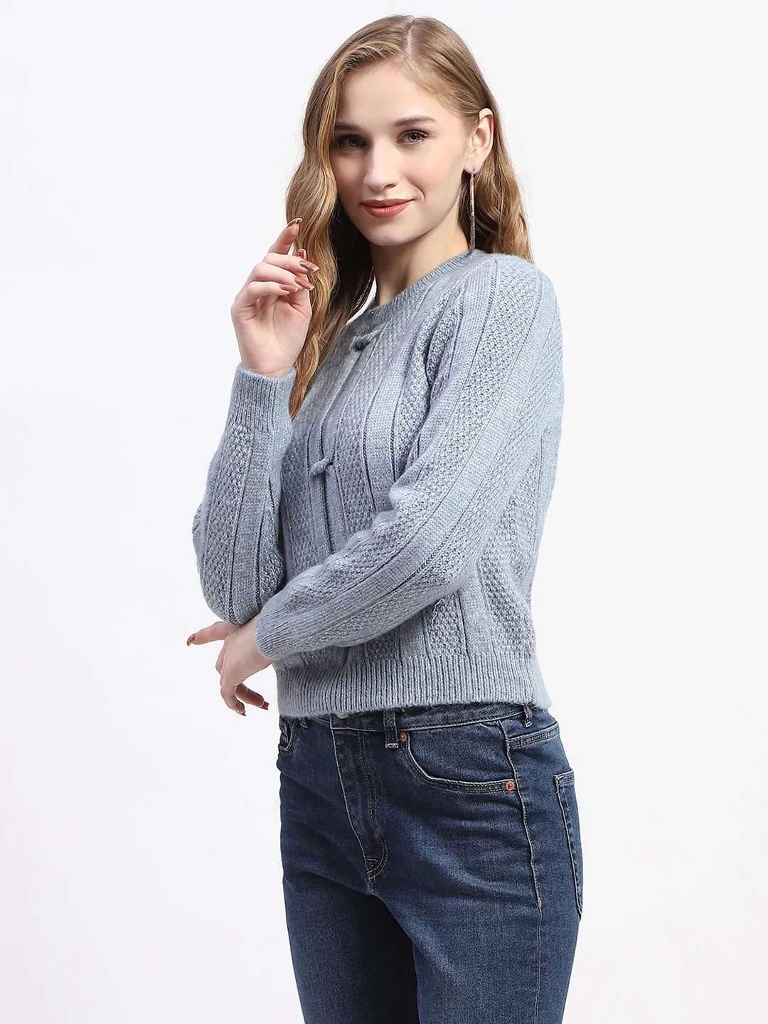 Madame Rib Neck Blue Knitted Sweater Layered Must-Have