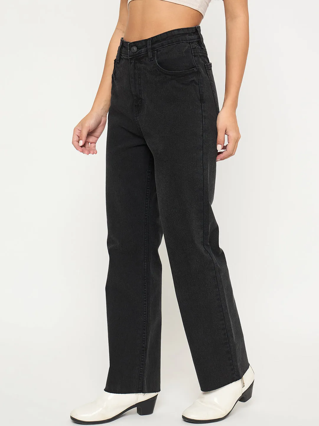 Relaxed Basics Versatile Weekend Style Madame Ripped Hem Wide Leg Charcoal Black Jeans