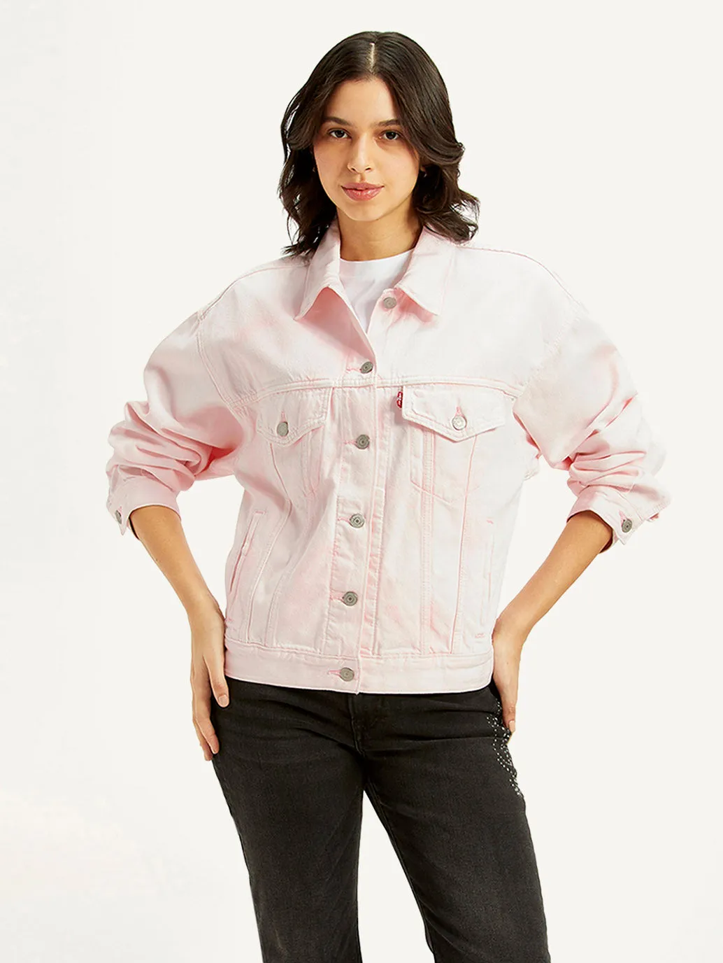 Women's Solid Pink Spread Collar Denim Trucker Jacket Reversible Dual Layer