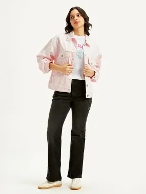 Sleek Utility TemperatureRegulating Tech Women's Solid Pink Spread Collar Denim Trucker Jacket