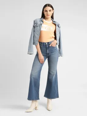 Women's Blue Ribcage Bell Bottom Wide Leg Fit High Rise Jeans Urban Explorer Evening Stroll Casual Friday Softened Seams