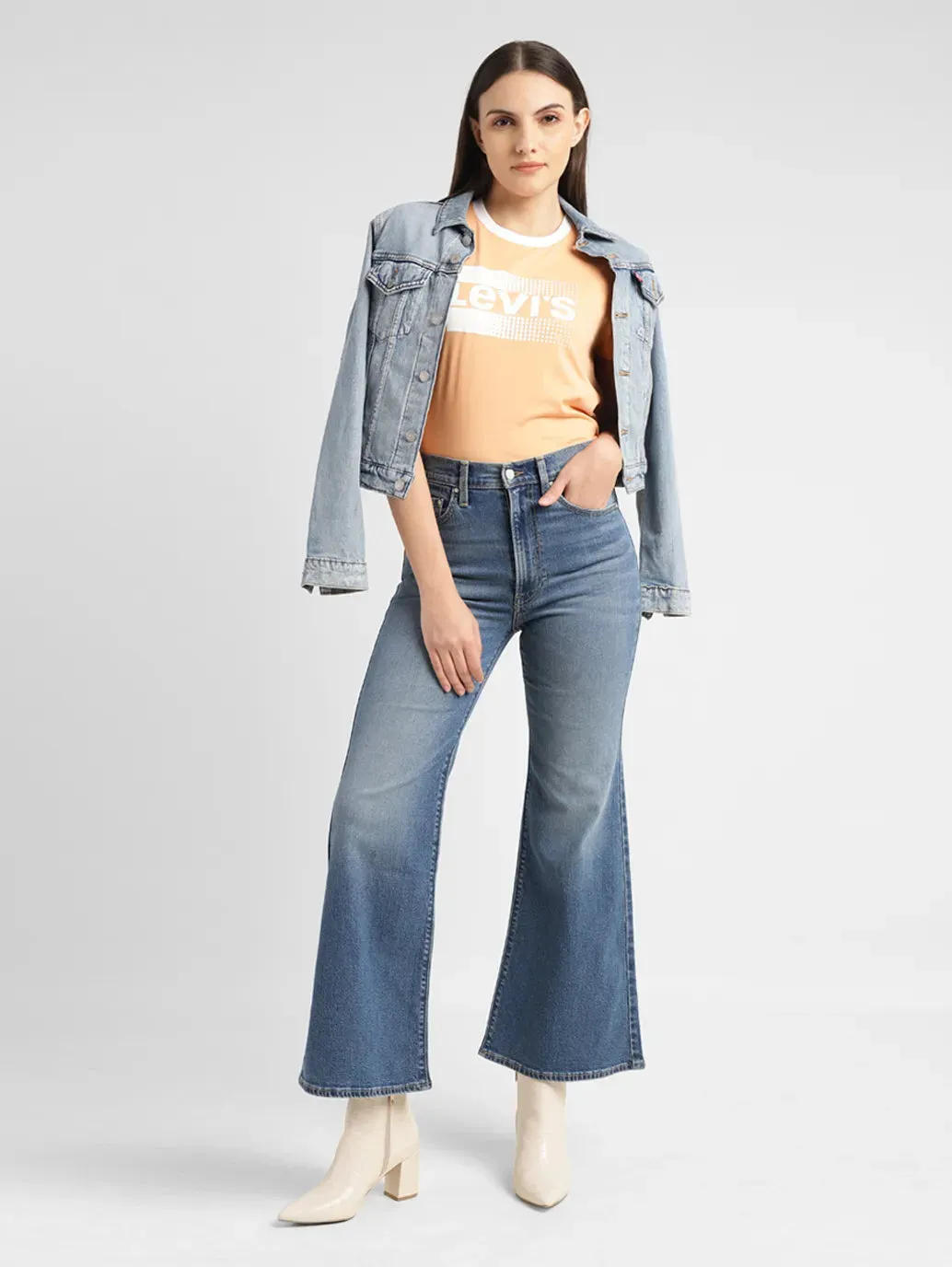 Women's Blue Ribcage Bell Bottom Wide Leg Fit High Rise Jeans Effortless Style Beach Day Breathable