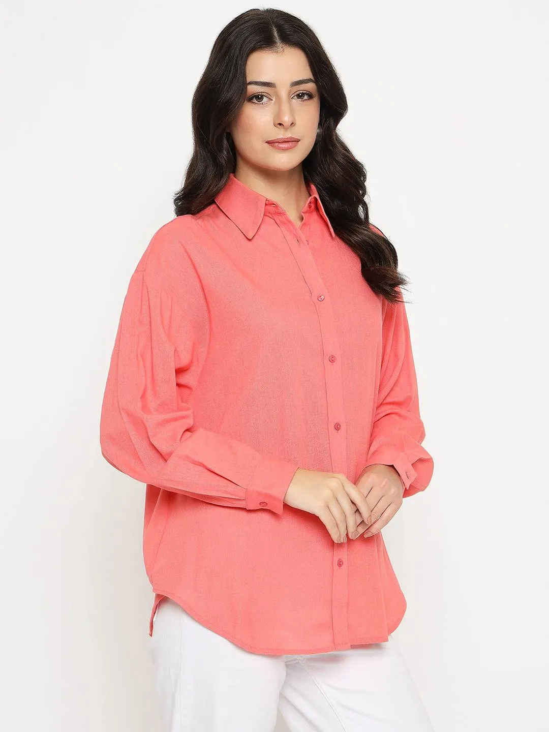 Madame Linen Blend Solid Light Coral Shirt Non Iron Material Simple Layer