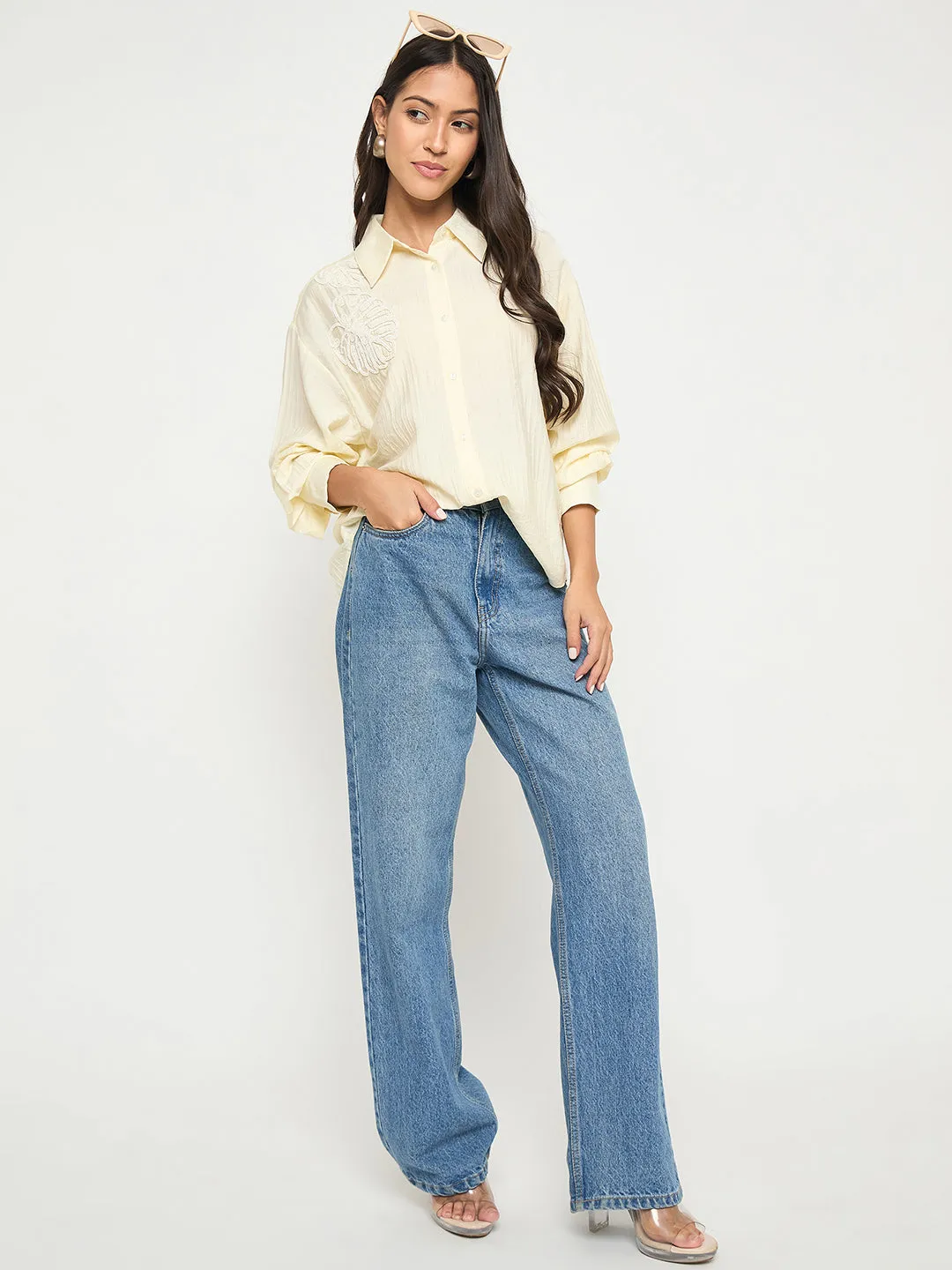 Madame Botanical Embroidery Off White Rayon Blend Shirt Adjustable Cuff Closure