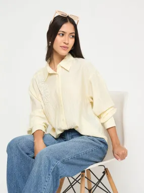 Everyday Fashion Smooth Cotton Blend Madame Botanical Embroidery Off White Rayon Blend Shirt