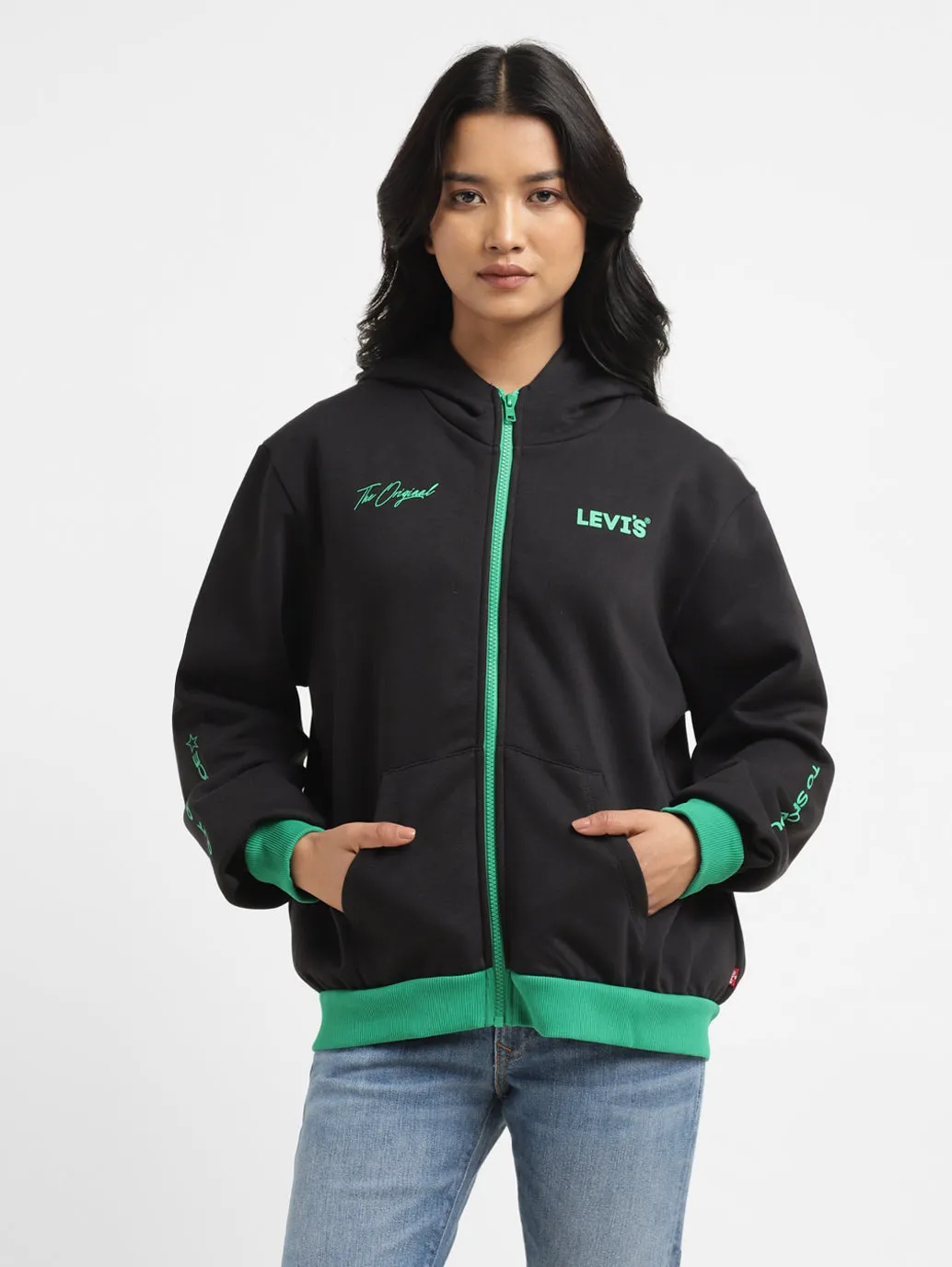 Women's Brand Logo Black Hooded Sweatshirt Floral Print High-quality