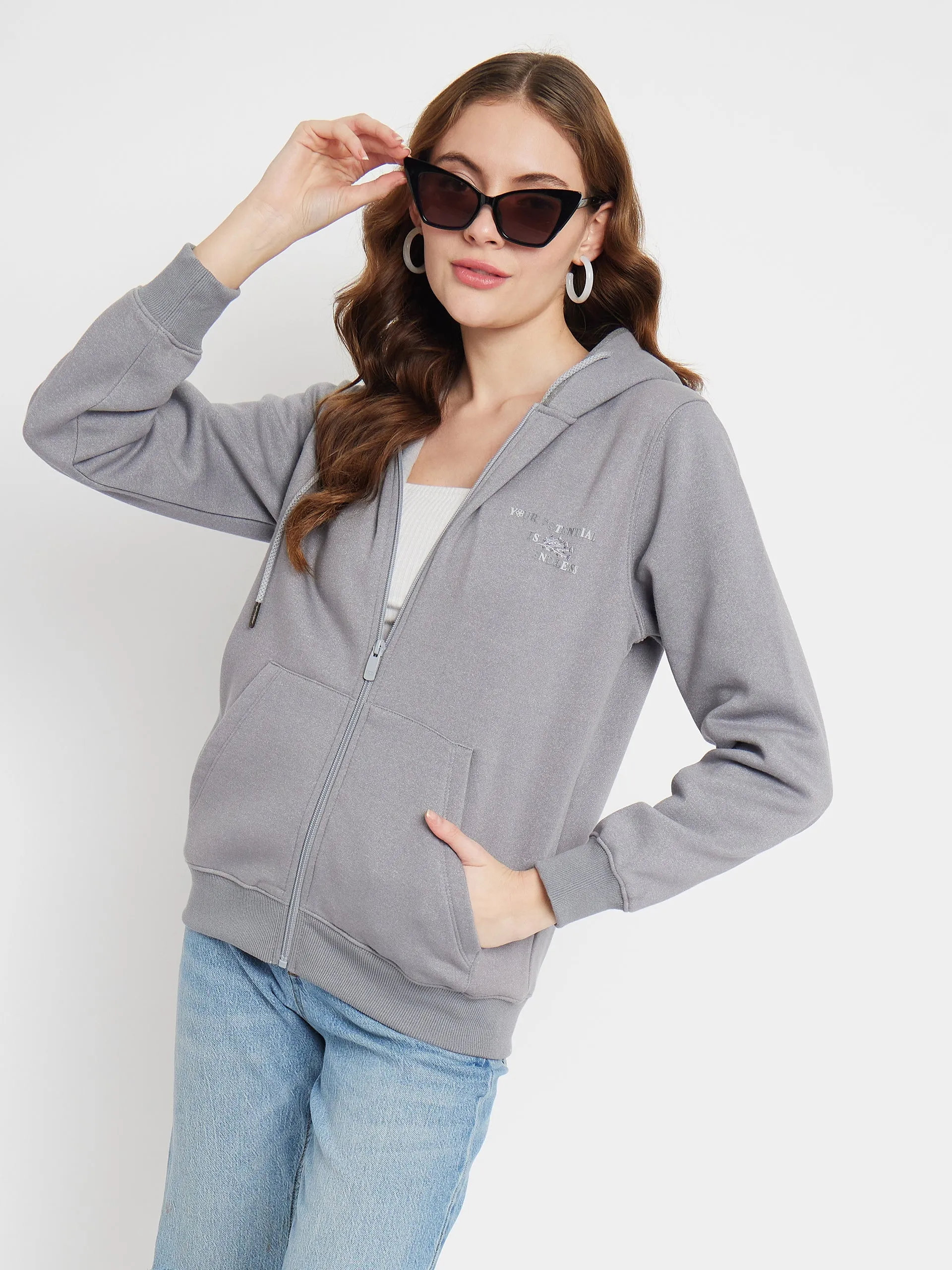 Madame Solid Grey Hooded Sweatshirt appropriate for autumn