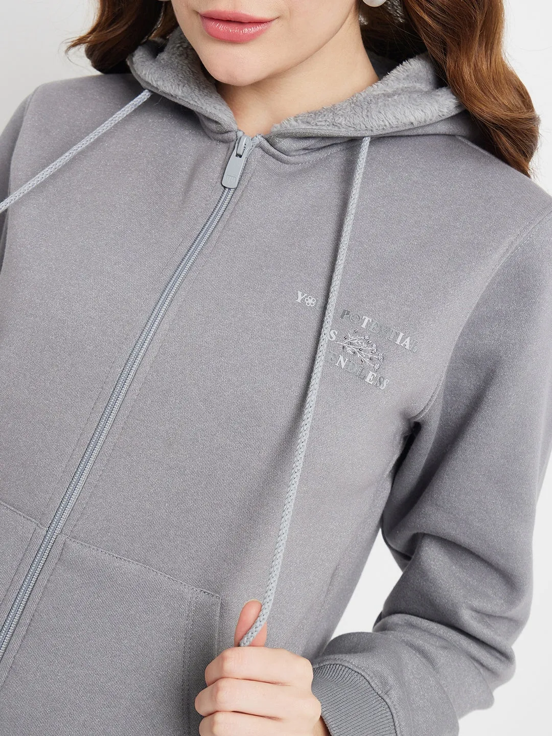 Weekend Casual Madame Solid Grey Hooded Sweatshirt