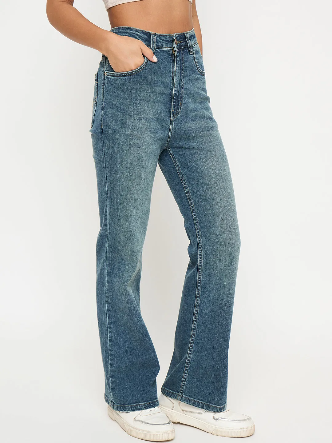 Madame Whiskered Stone Wash Mid Blue Jeans Stylish Touch