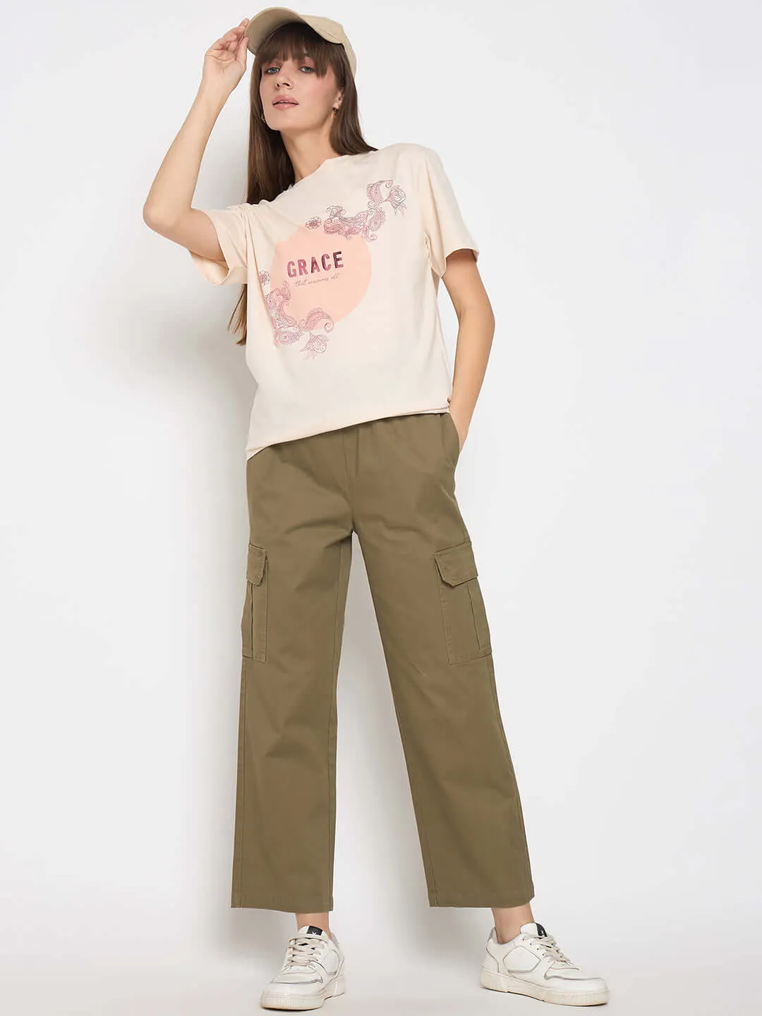 Seasonal Fashion Madame Sinker Graphic Print Foil Detailed Beige Tshirt