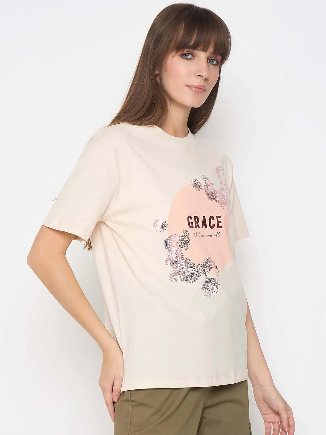 Comfort Wearable Everyday Look Madame Sinker Graphic Print Foil Detailed Beige Tshirt