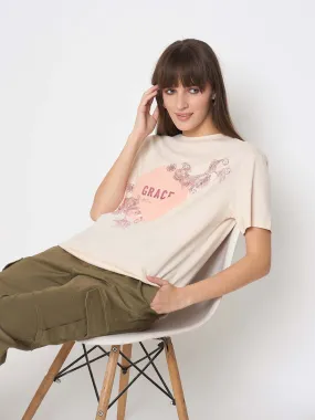 Madame Sinker Graphic Print Foil Detailed Beige Tshirt Elderly Comfort MoistureWicking