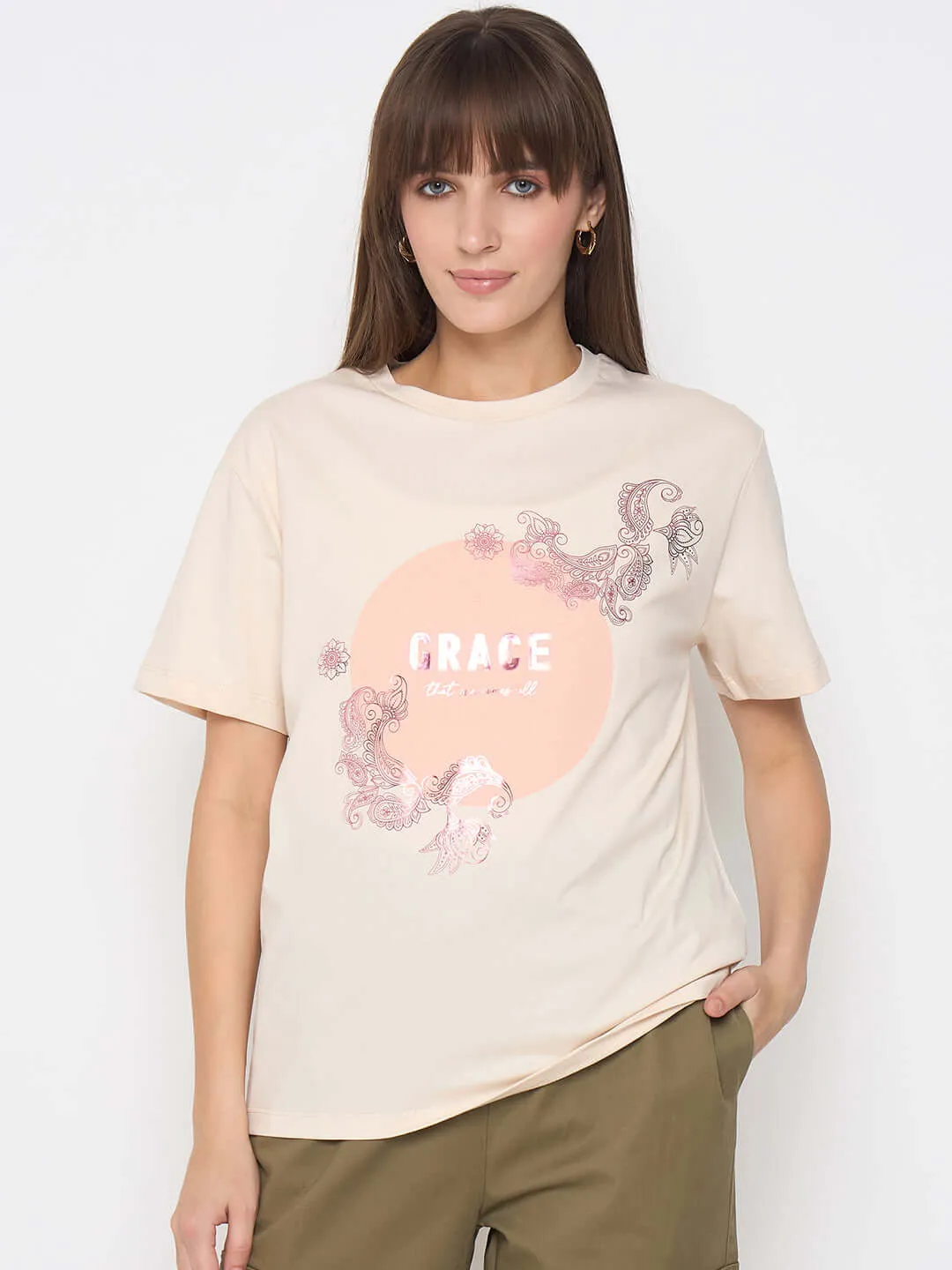 Madame Sinker Graphic Print Foil Detailed Beige Tshirt Sport Performance Fit