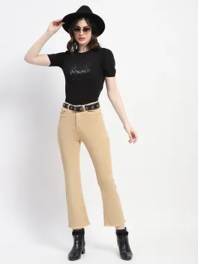 Madame Frayed Hem Flared Beige Denim Smart Utility