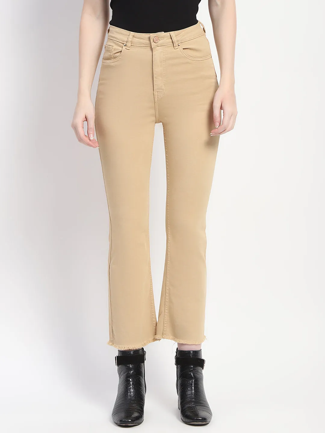 Non Irritating Inner Lining Spring Mood Office Wear Minimalist Madame Frayed Hem Flared Beige Denim