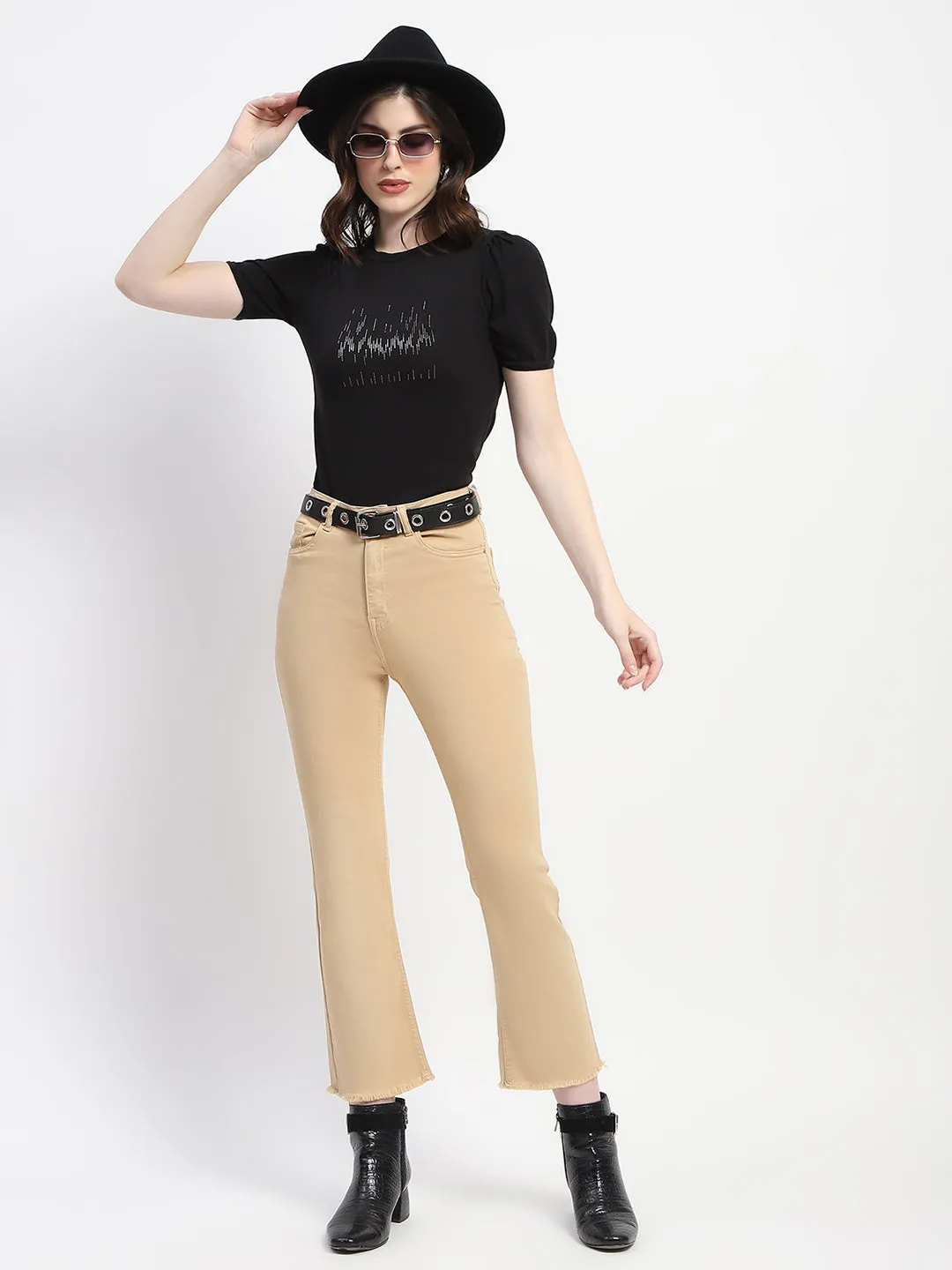 Madame Frayed Hem Flared Beige Denim Smart Utility