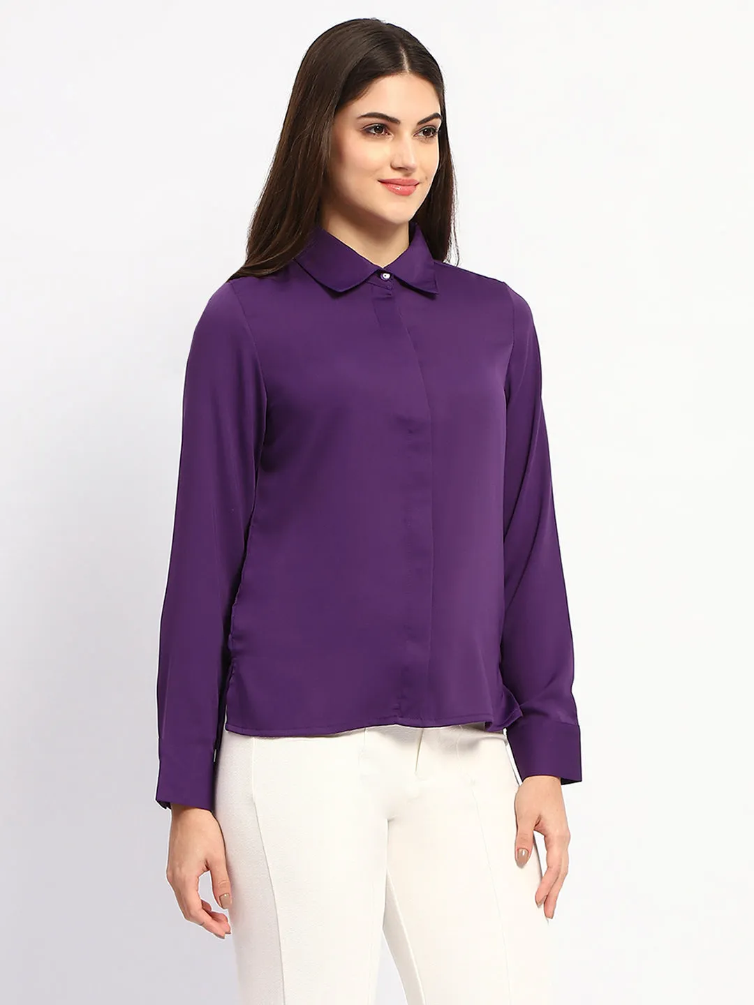 Smooth Texture Madame Solid Purple Cuff Sleeve Shirt